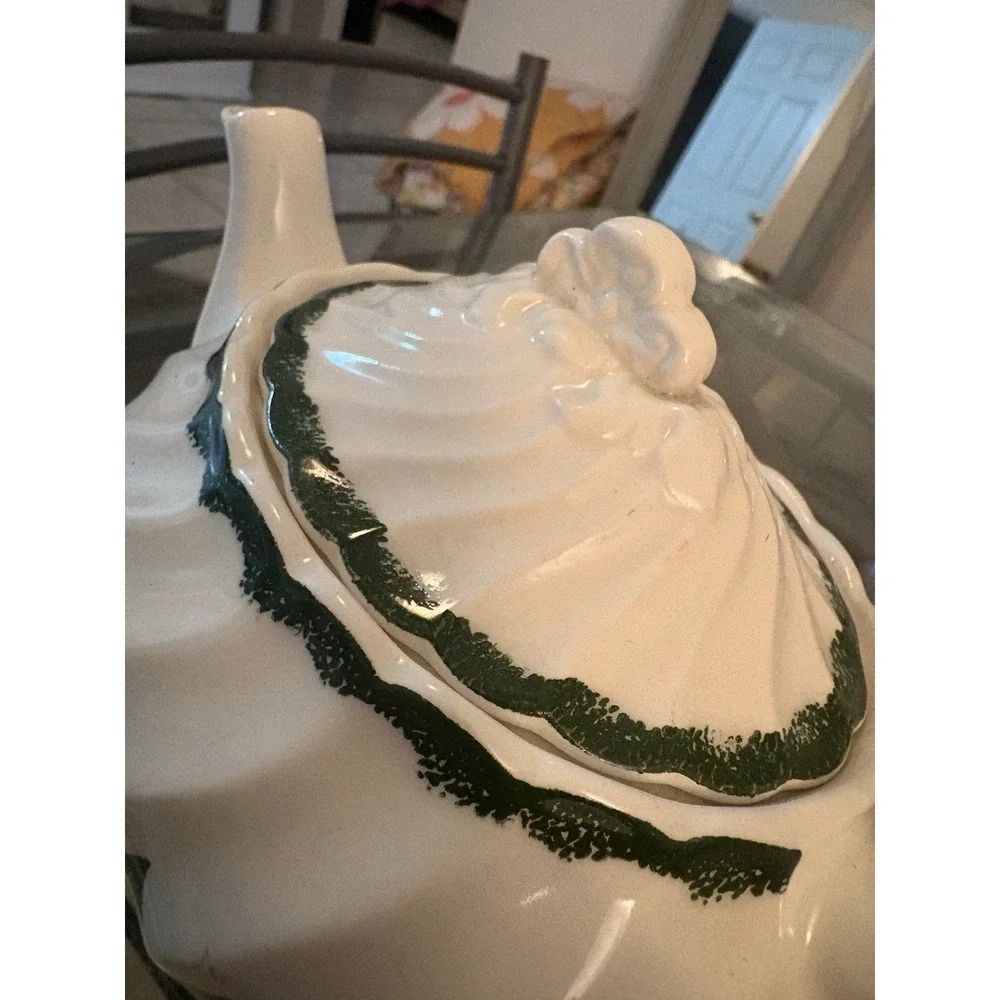 VTG Ceramic Teapot Swirl Body Green Floral Dogwood Flower Transferware 9.5